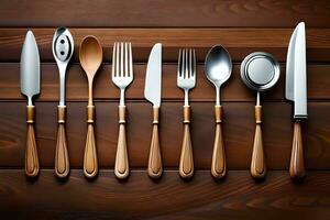 a set of silverware on a wooden table. AI-Generated photo