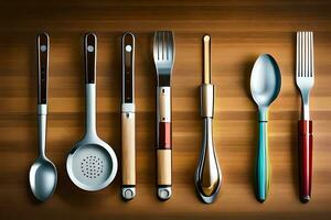 a collection of utensils on a wooden surface. AI-Generated photo