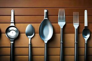 a collection of silverware on a wooden table. AI-Generated photo