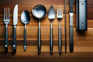 a set of silverware on a wooden table. AI-Generated photo