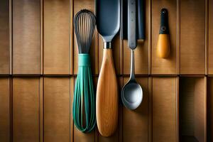 kitchen utensils on wooden shelf. AI-Generated photo