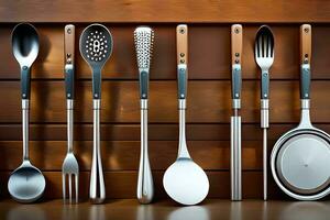 a collection of kitchen utensils on a wooden table. AI-Generated photo