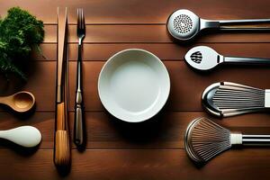 a bowl, spoon, fork, knife, and other utensils are arranged on a table. AI-Generated photo