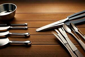 a variety of utensils are laid out on a table. AI-Generated photo