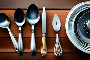 a collection of utensils on a wooden table. AI-Generated photo