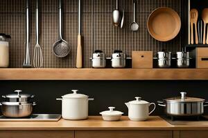a kitchen with pots and pans on a shelf. AI-Generated photo