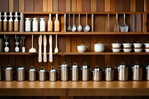 a shelf with many different utensils and pots on it. AI-Generated photo