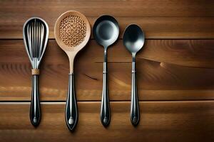 Tres diferente tipos de cocina utensilios en un de madera mesa. generado por ai foto