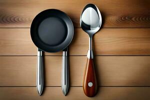 two spoons and a frying pan on a wooden table. AI-Generated photo