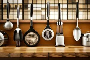 a collection of kitchen utensils on a wooden shelf. AI-Generated photo