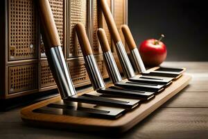 a set of knives and an apple on a wooden tray. AI-Generated photo