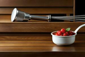 a bowl of strawberries and a whisk. AI-Generated photo