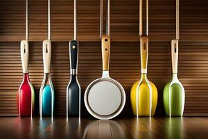 a row of spatulas and spoons hanging on a wall. AI-Generated photo