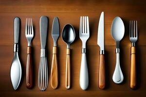 a collection of different types of utensils on a wooden table. AI-Generated photo