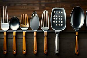 a row of utensils are lined up on a table. AI-Generated photo