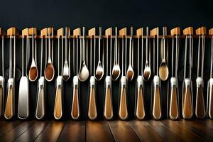 a row of spoons and forks on a wooden shelf. AI-Generated photo