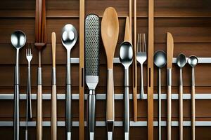 a collection of utensils and spoons on a wooden shelf. AI-Generated photo