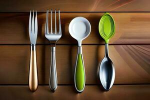 four different utensils are shown on a wooden table. AI-Generated photo