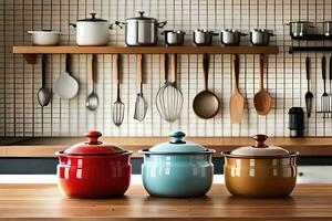 three colorful pots sit on a wooden counter. AI-Generated photo