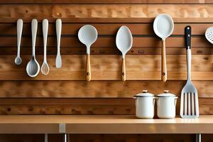 a wooden wall with spoons, forks, and other utensils. AI-Generated photo