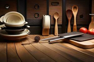 a wooden table with a bunch of utensils on it. AI-Generated photo