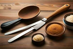 a wooden spoon, spoon and bowl with different types of food. AI-Generated photo