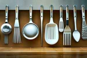 a collection of utensils are arranged on a shelf. AI-Generated photo