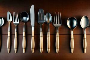 a collection of silver and wooden utensils on a table. AI-Generated photo