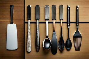 a group of different utensils are lined up on a wooden surface. AI-Generated photo