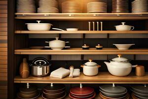 a kitchen with many different dishes and pots and pans. AI-Generated photo
