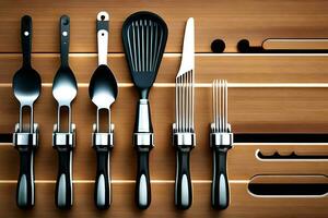 kitchen utensils on wooden shelf. AI-Generated photo