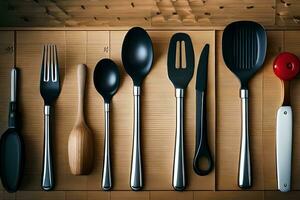 a collection of kitchen utensils on a wooden surface. AI-Generated photo