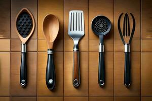 five different utensils are lined up on a wooden surface. AI-Generated photo