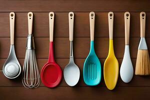 a row of colorful utensils on a wooden table. AI-Generated photo