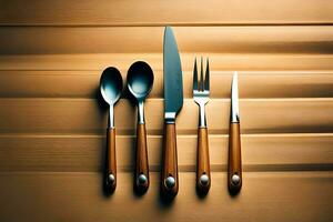 a set of four wooden cutlery on a wooden table. AI-Generated photo