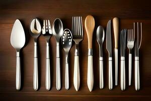 a collection of silverware on a wooden table. AI-Generated photo