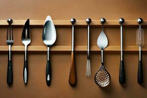 a group of utensils are hanging on a shelf. AI-Generated photo