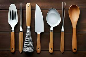 a collection of utensils on a wooden table. AI-Generated photo