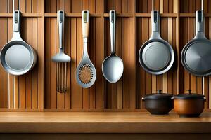 kitchen utensils hanging on a wall. AI-Generated photo