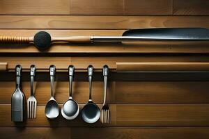 a set of utensils and spoons on a wooden wall. AI-Generated photo