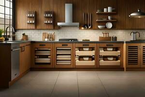 a kitchen with wooden cabinets and a sink. AI-Generated photo