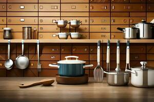 kitchen utensils on wooden shelves in a kitchen. AI-Generated photo
