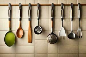 a group of utensils hanging on a wall. AI-Generated photo