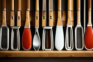 a row of spatulas and spoons on a shelf. AI-Generated photo