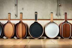 a row of wooden spoons lined up against a wall. AI-Generated photo