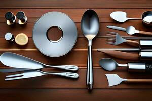 a collection of utensils on a wooden table. AI-Generated photo