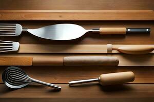 a wooden cutting board with utensils and spoons. AI-Generated photo