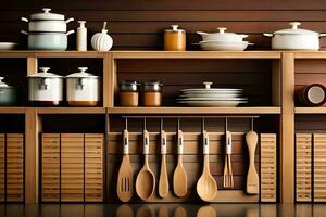 a kitchen with wooden shelves and utensils. AI-Generated photo