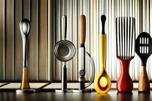 a group of kitchen utensils are lined up against a wall. AI-Generated photo