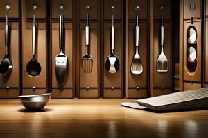 a kitchen with many utensils and spoons on the wall. AI-Generated photo